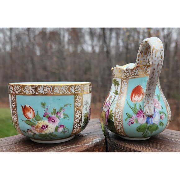 Dresden Germany Porcelain Floral Victorian Couple Sugar Bowl and Creamer Set - Picture 5 of 8